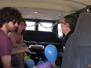 Party in the van with a skinny hairy girl getting fucked